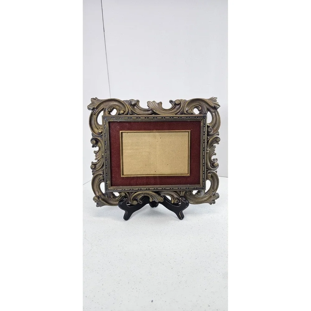 VTG Syroco Style Ornate Picture Frame Burgundy Gold Hollywood Regency 5 x 3.25